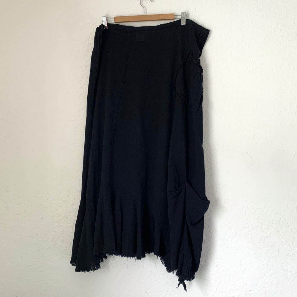 Oh My Gauze Midi Skirt Women 2 Black‎ Cotton Crinkle Pockets Raw Lagenlook Boho